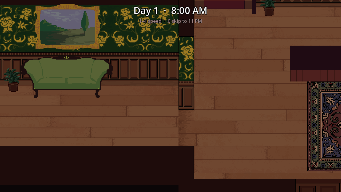 Clock HUD showing Day 1 8AM over the main hallway