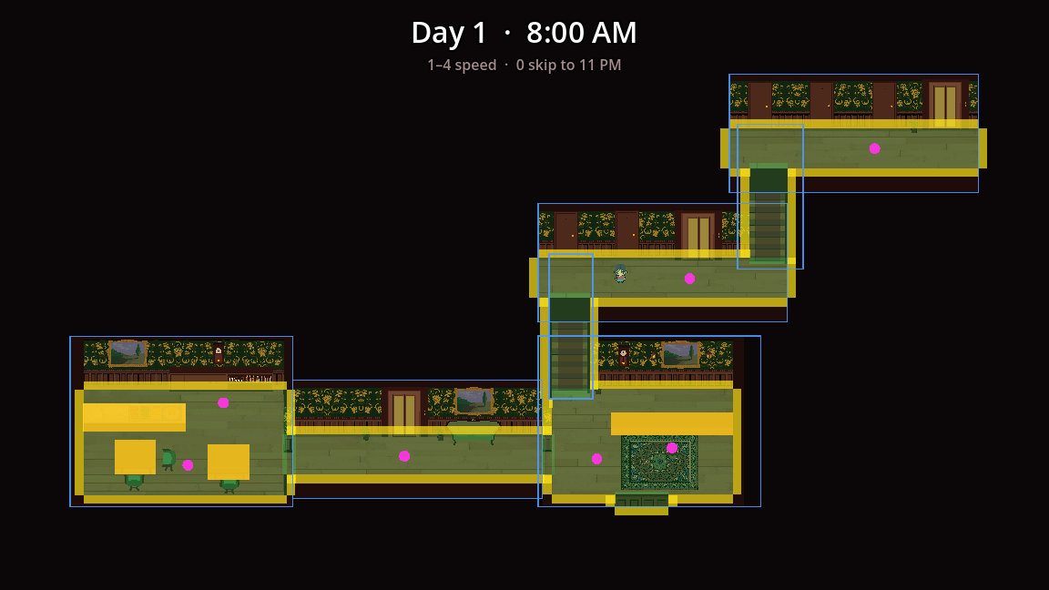 Debug draw overlay used to verify collision and rooms